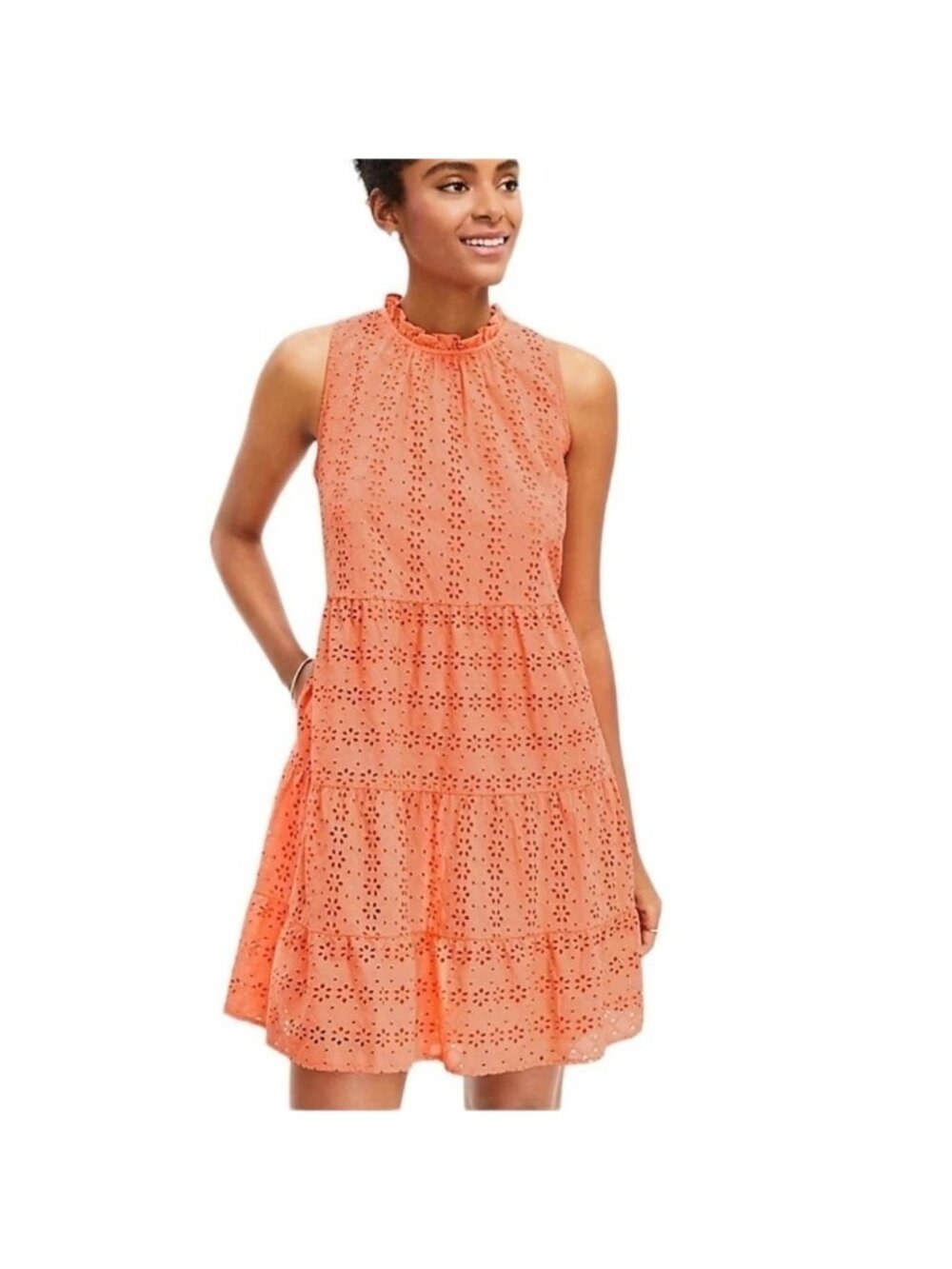 LOFT Swing Dress Large Petite Embroidered Eyelet Tiered Sleeveless Bohemian NEW